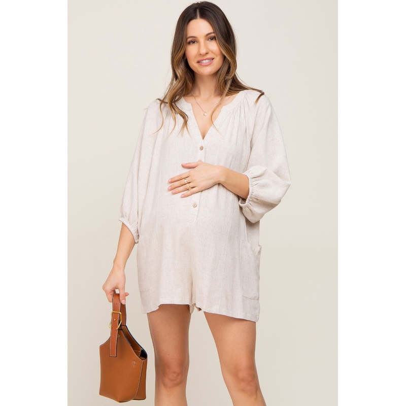Beige Linen Button Front Maternity Romper
