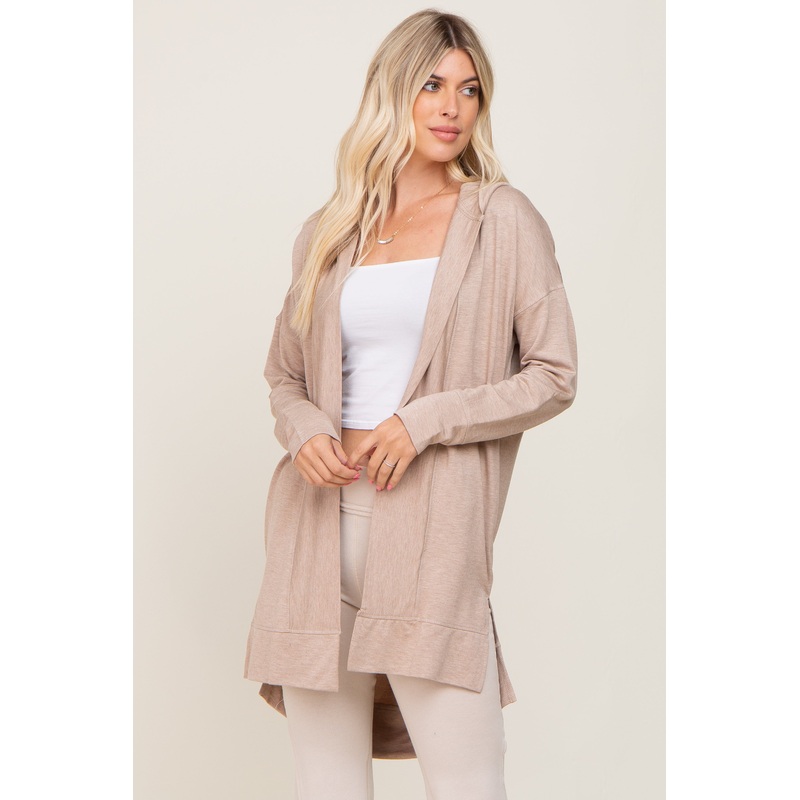 Beige Side Slit Hooded Cardigan