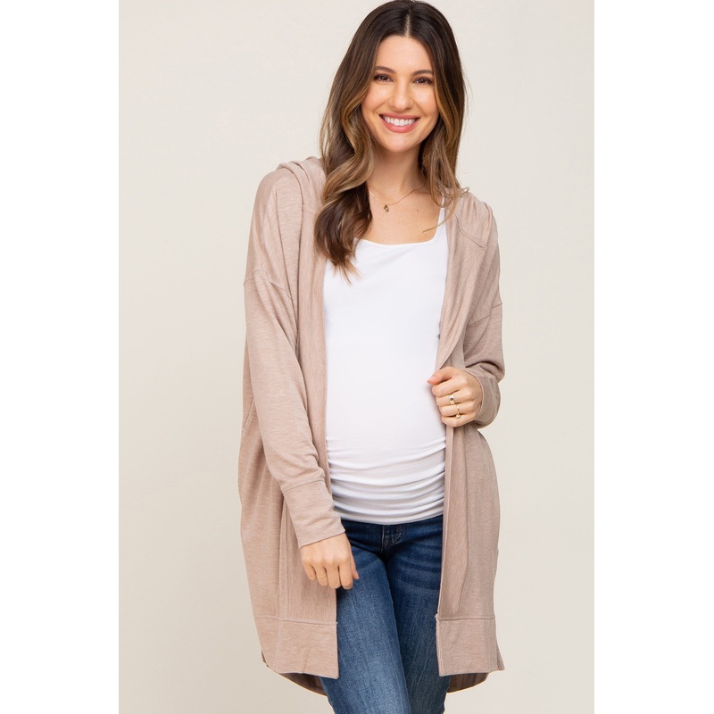 Beige Side Slit Hooded Maternity Cardigan