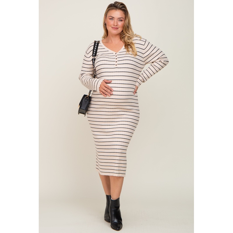 Beige Striped Long Sleeve Maternity Plus Midi Dress