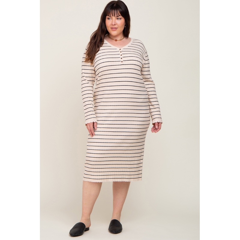 Beige Striped Long Sleeve Plus Midi Dress