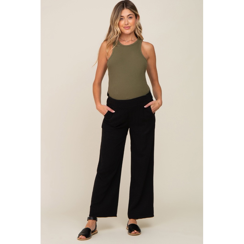 Black Linen Wide Leg Maternity Pants