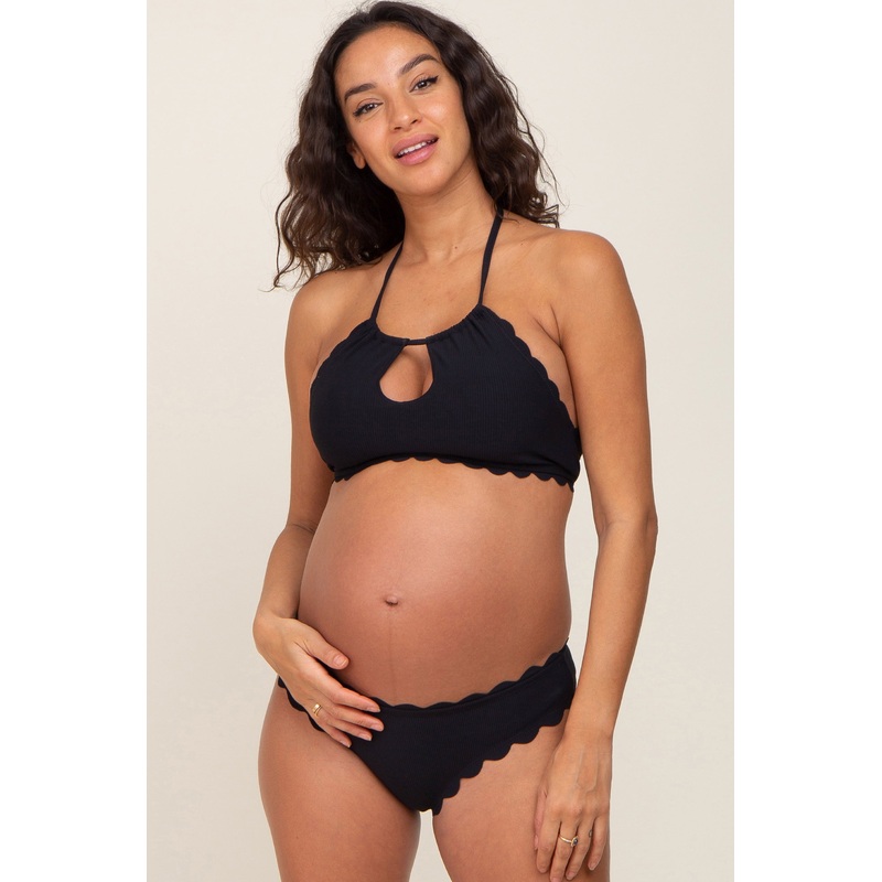 Black Ribbed Scalloped Two-Piece Maternity Bikini Set
