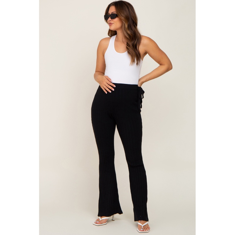 Black Side Tie Flare Knit Maternity Pants