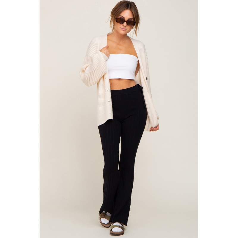 Black Side Tie Flare Knit Pants
