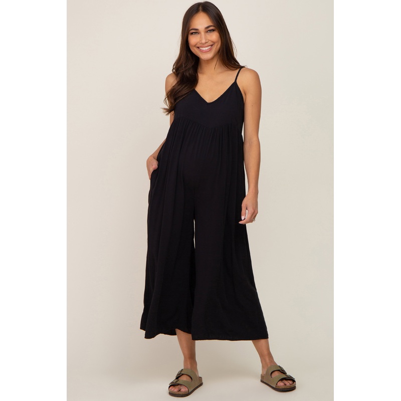 Black Sleeveless Cropped Wide Leg Maternity Jumpsuit