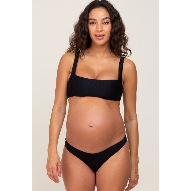Black Textured Square Neck Two-Piece Maternity Bikini Set