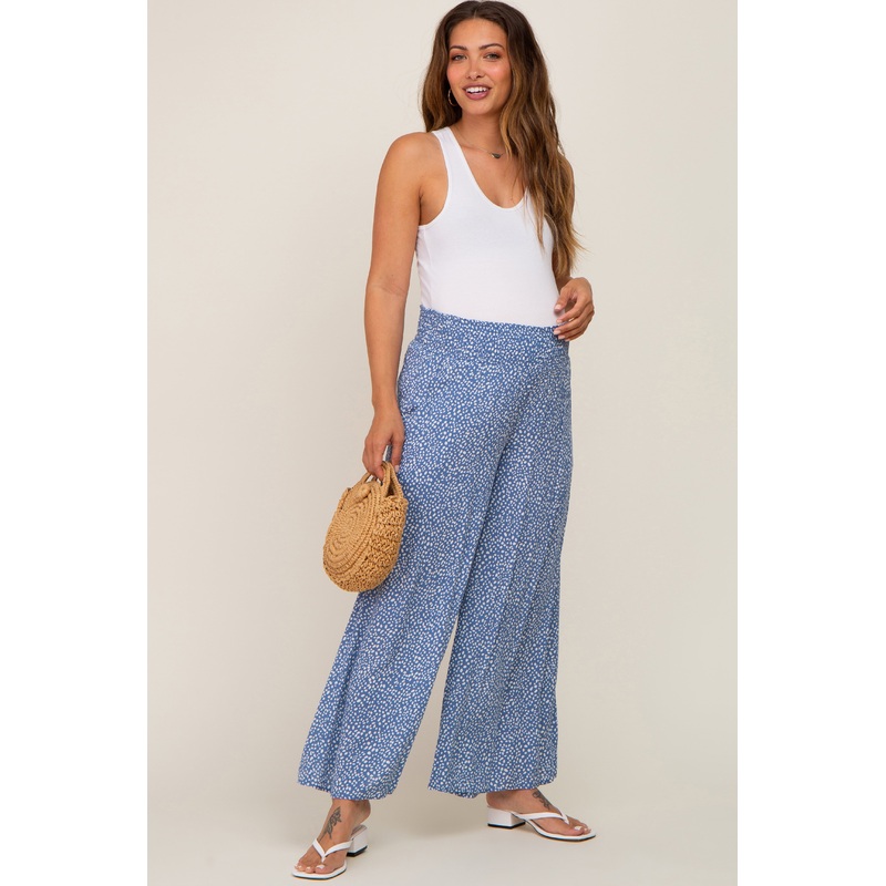 Blue Dotted Smocked Waist Maternity Pants