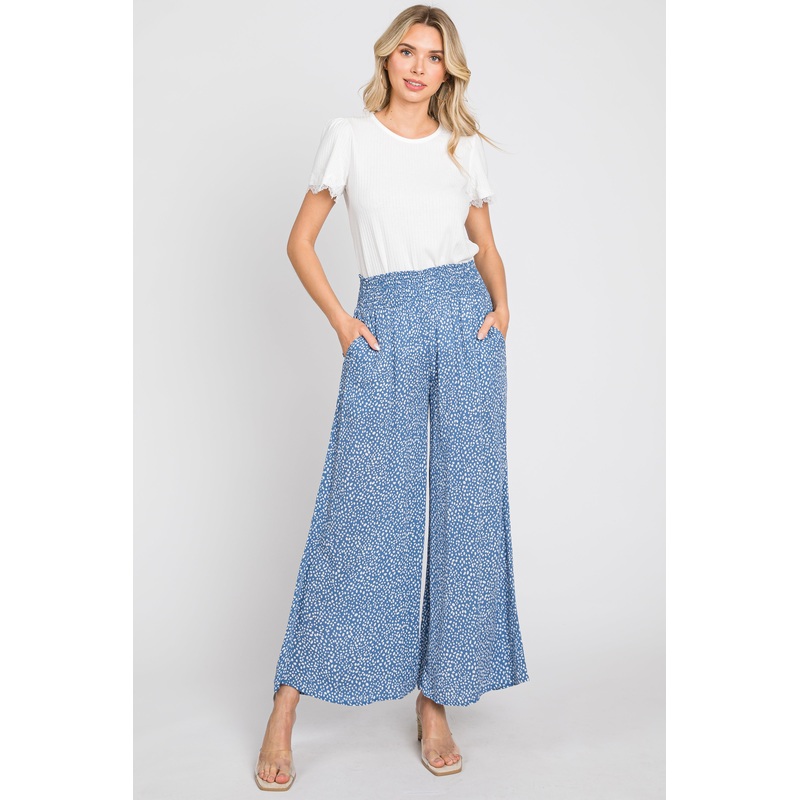 Blue Dotted Smocked Waist Pants
