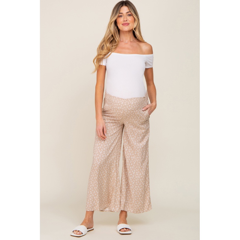 Mauve Leaf Print Smocked Waist Maternity Pant