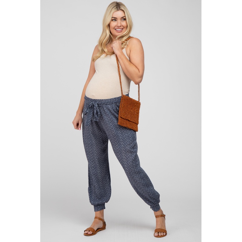 Navy Blue Print Waist Tie Slouchy Maternity Pants