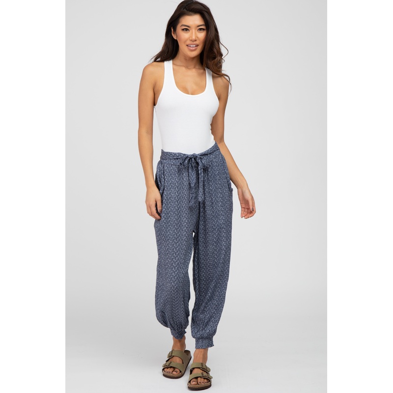 Navy Blue Print Waist Tie Slouchy Pants