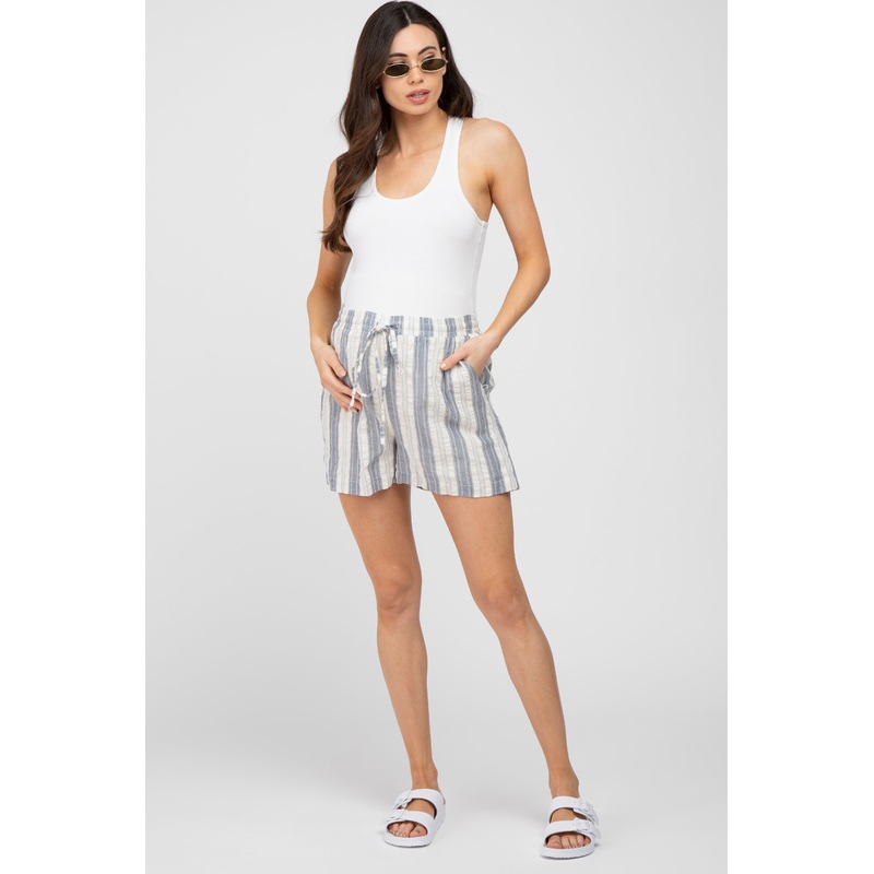 Navy Blue Striped Drawstring Maternity Shorts