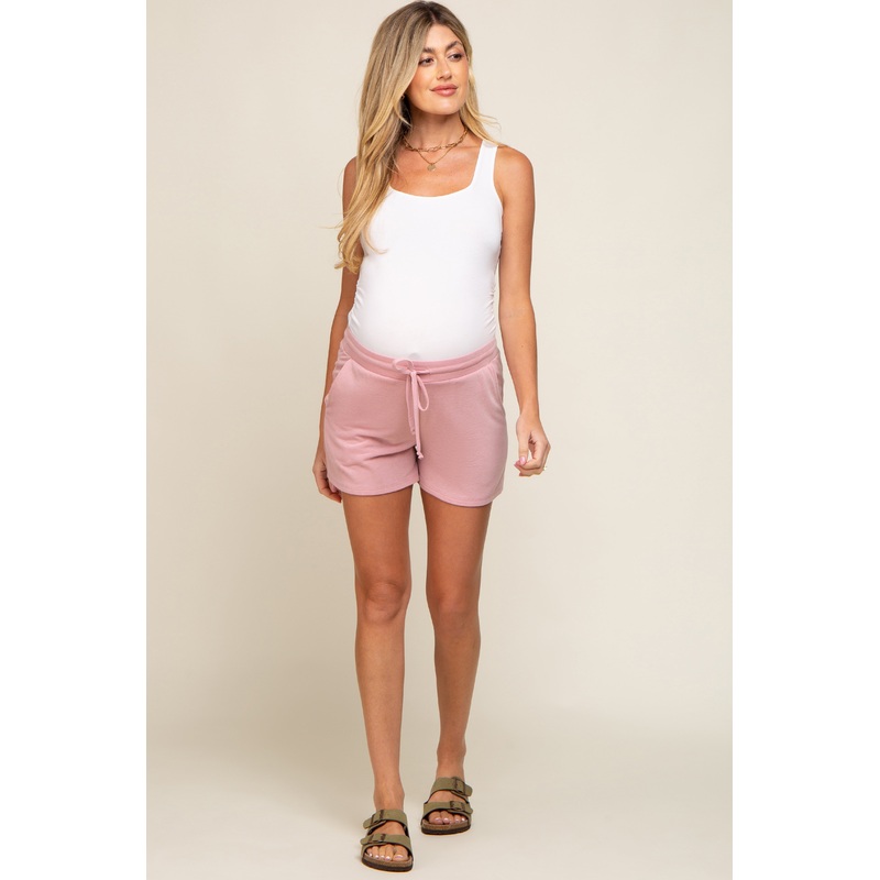 Pink Drawstring Terry Cloth Maternity Shorts