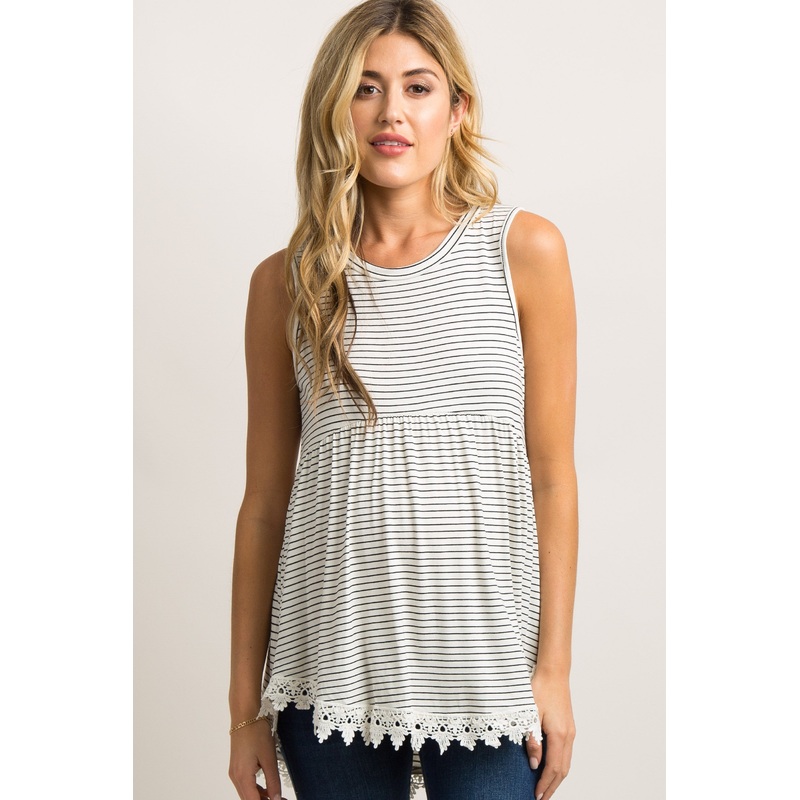 White Striped Crochet Trim Peplum Maternity Top