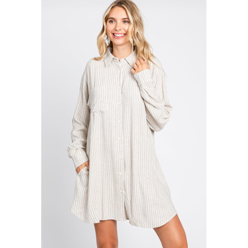 Beige Pinstriped Button-Down Linen Dress