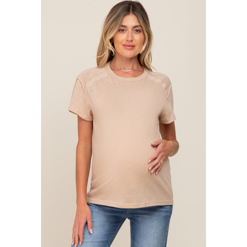 Beige Raw Hem Maternity Tee
