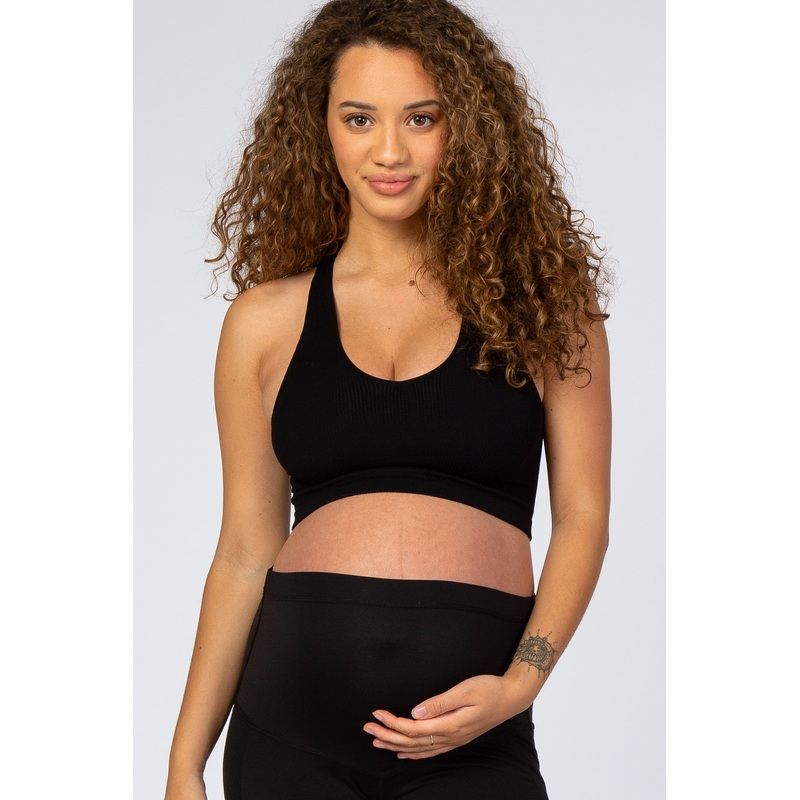 Black Ribbed V-Neck Maternity Racerback Sports Bra