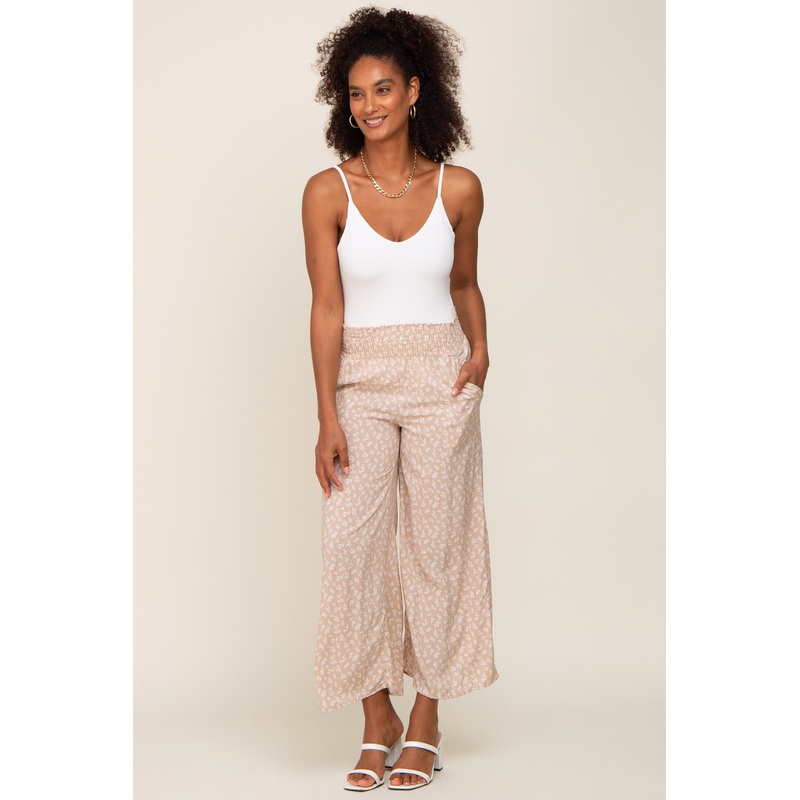 Mauve Leaf Print Smocked Waist Pant