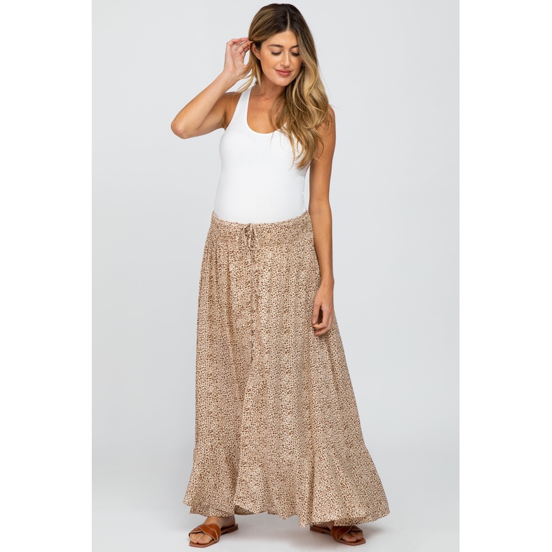 Taupe Ditsy Floral Hi-Low Button Front Maternity Skirt