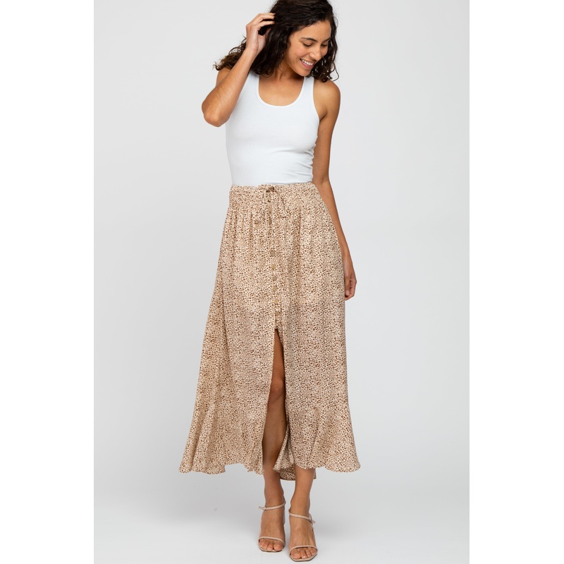 Taupe Ditsy Floral Hi-Low Button Front Skirt