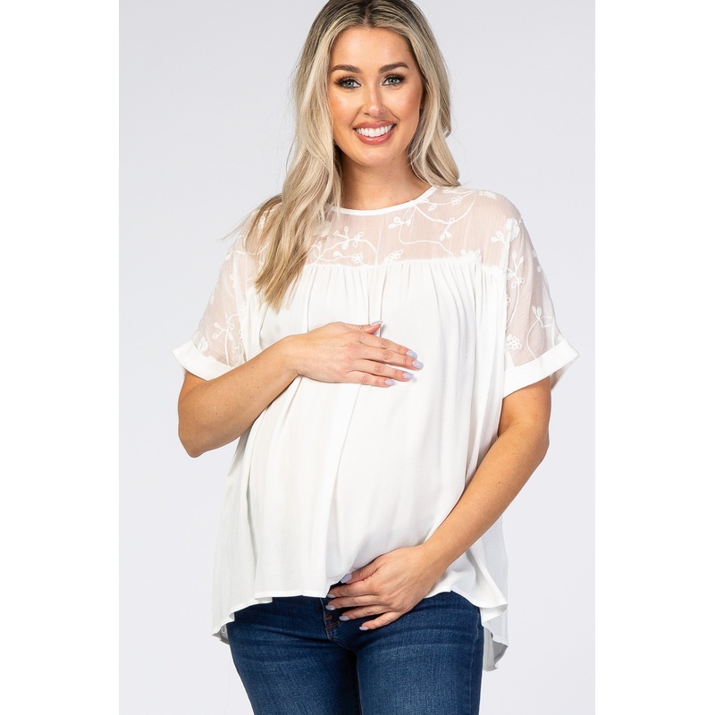 White Floral Embroidered Maternity Blouse
