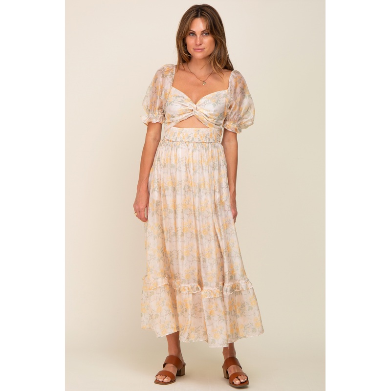 Yellow Floral Shimmer Sweetheart Neck Front Cutout Midi Dress