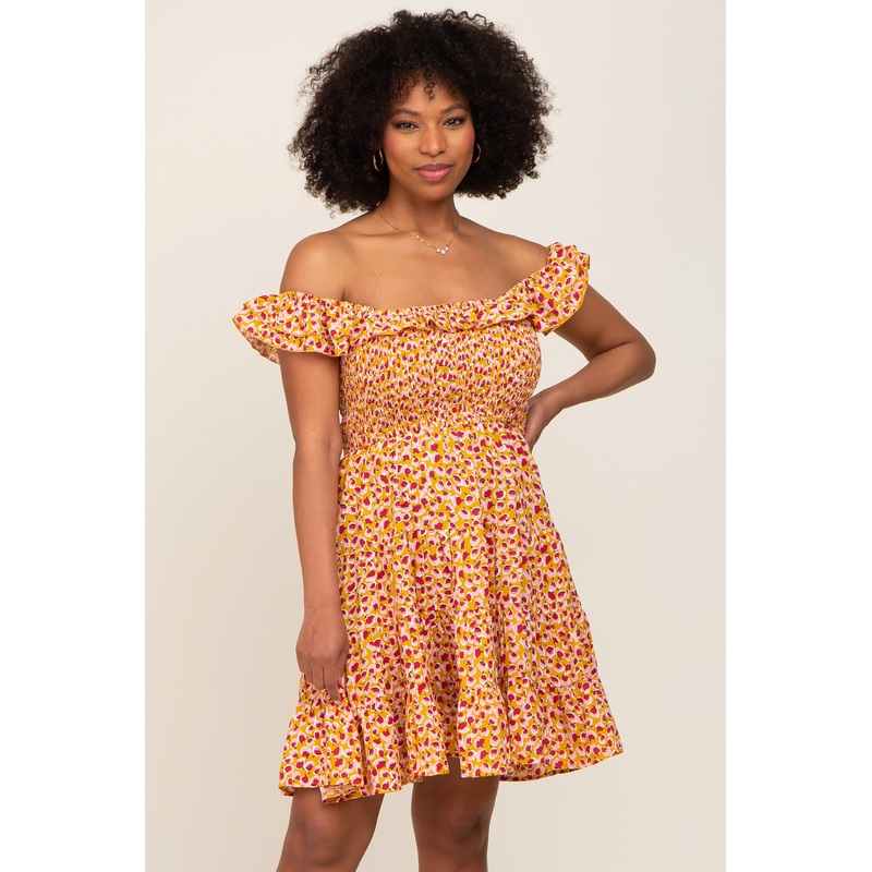 Yellow Printed Ruffle Accent Tiered Dress