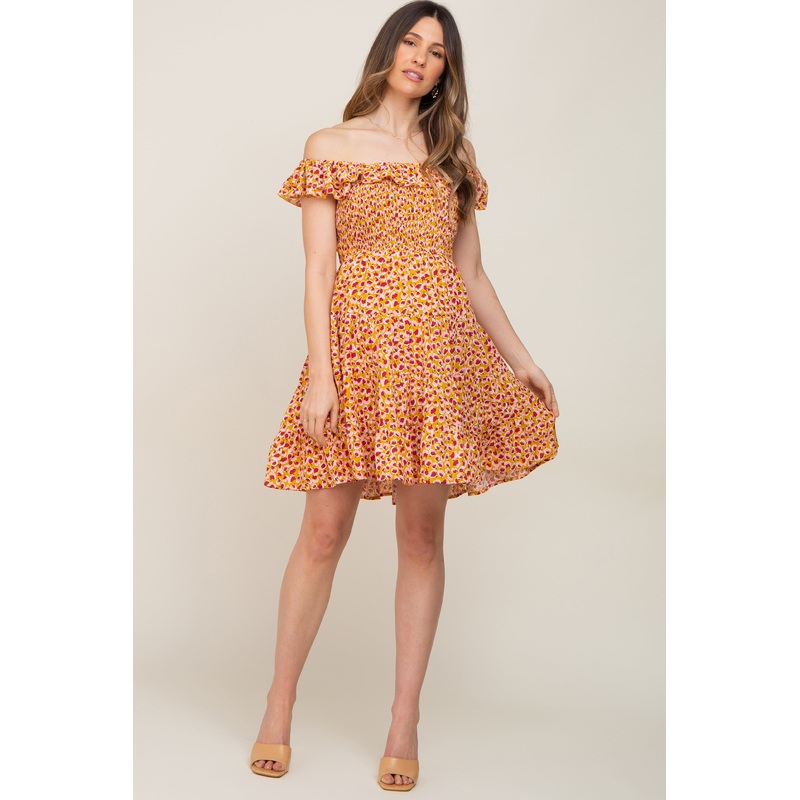 Yellow Printed Ruffle Accent Tiered Maternity Dress