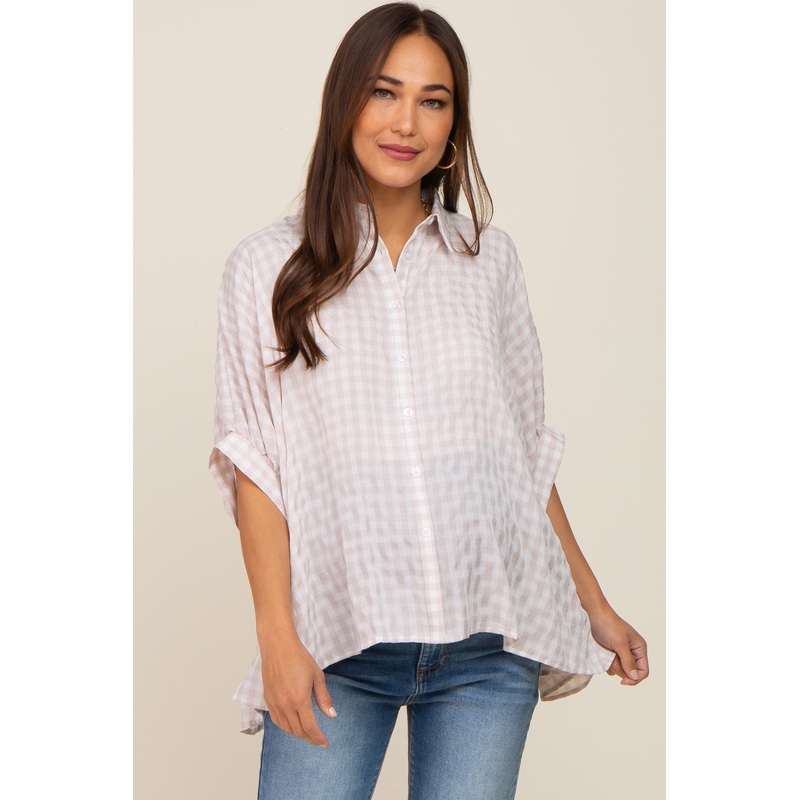 Beige Gingham Button Up Collared Boxy Maternity Top