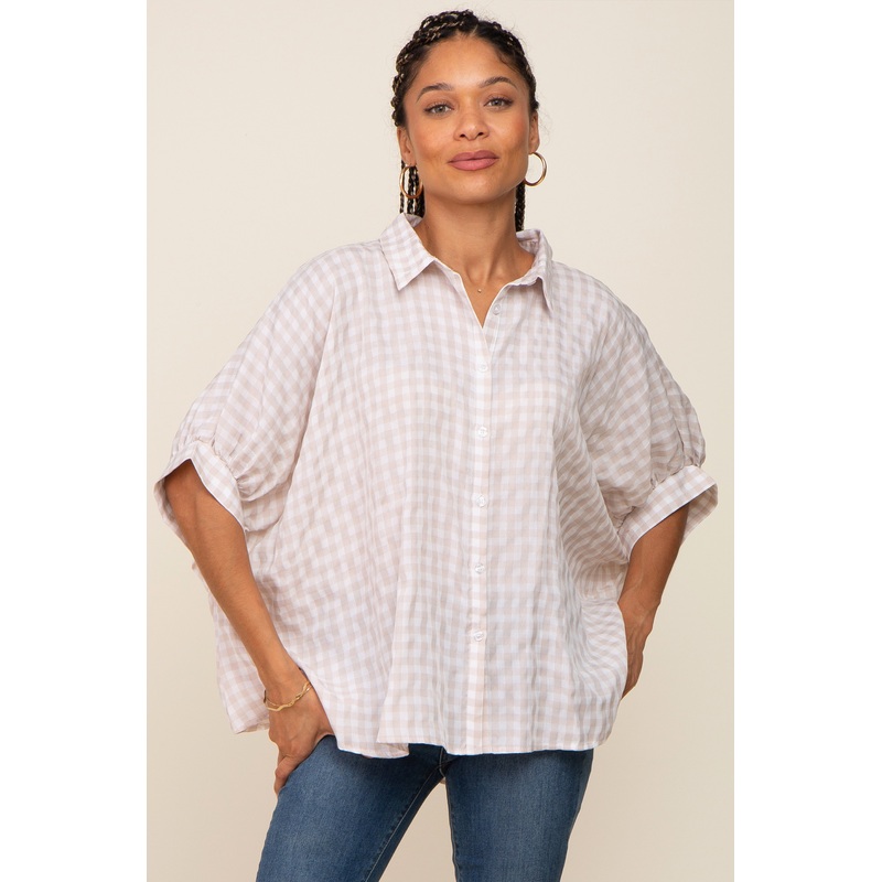 Beige Gingham Button Up Collared Boxy Top