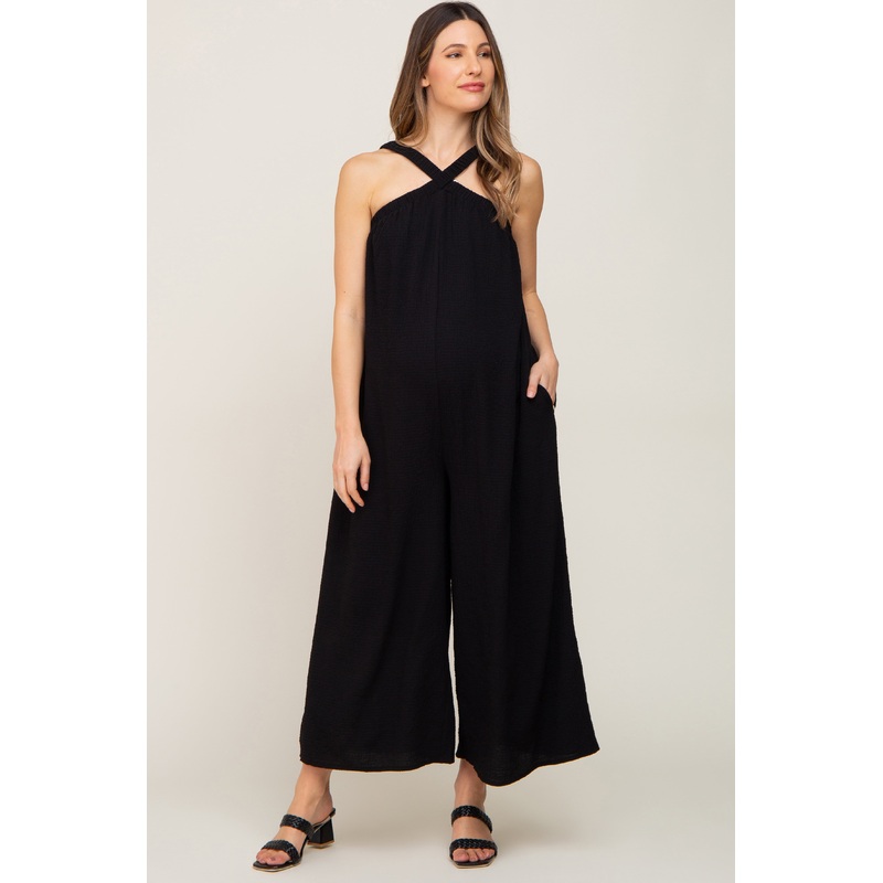Black Halter Wide Leg Maternity Jumpsuit