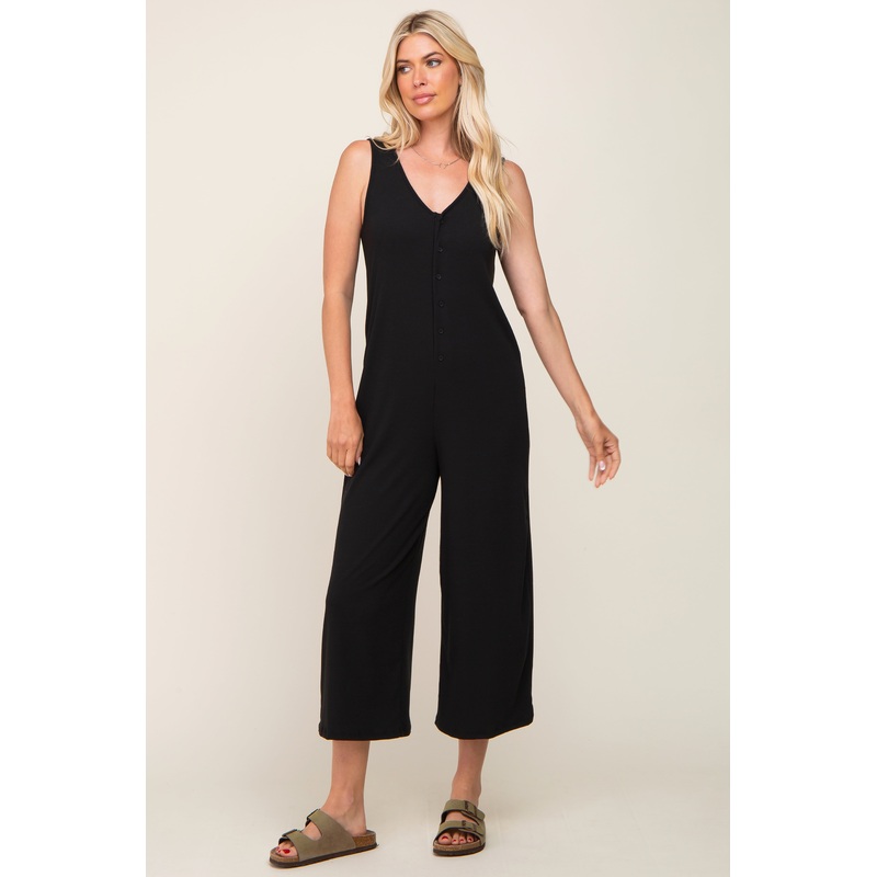 Black Ribbed V-Neck Button Front Crop Jumpsuit