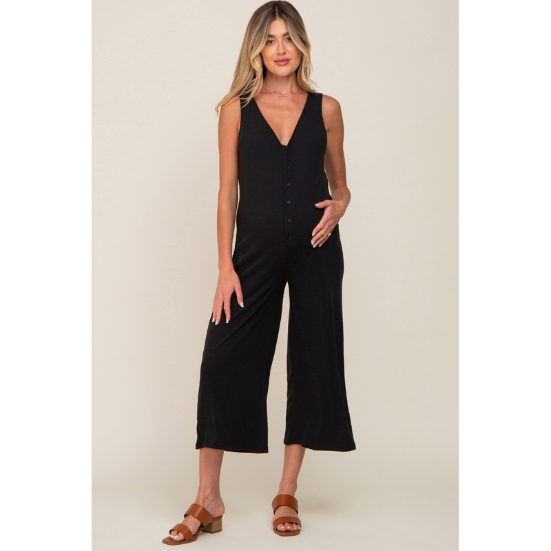Black Ribbed V-Neck Button Front Crop Maternity Jumpsuit