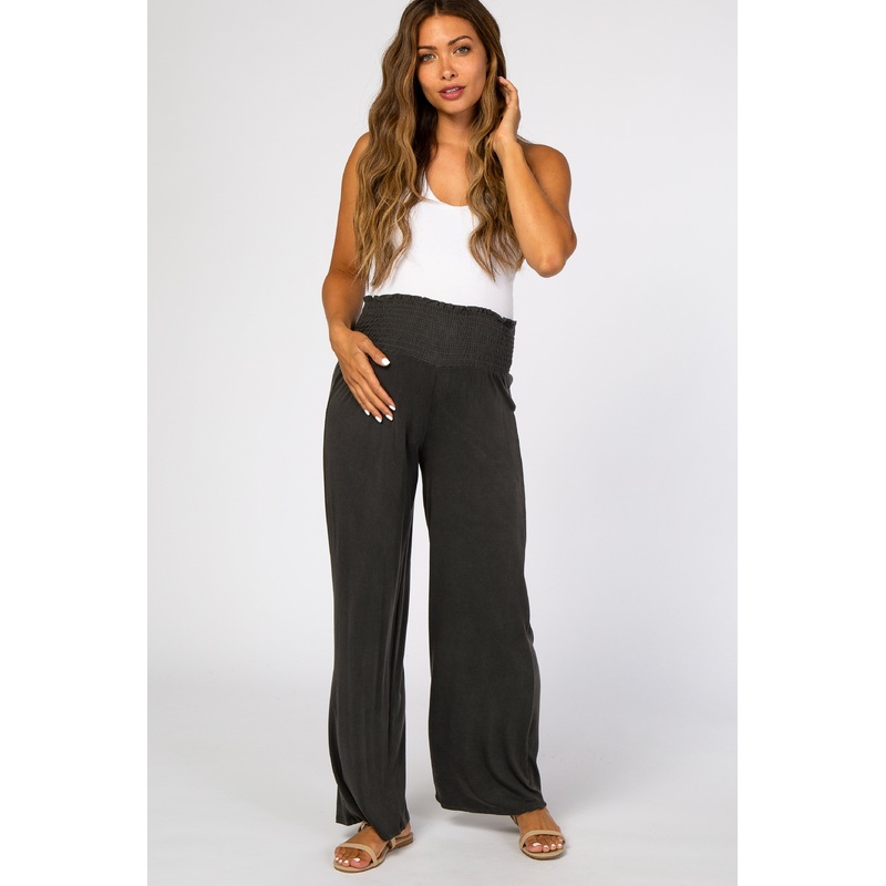 Black Smocked Waist Knit Maternity Pants