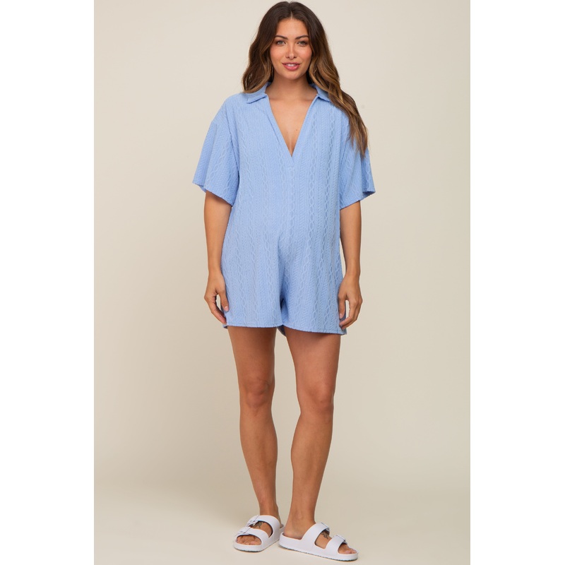 Blue Terry Cloth Collared Maternity Romper