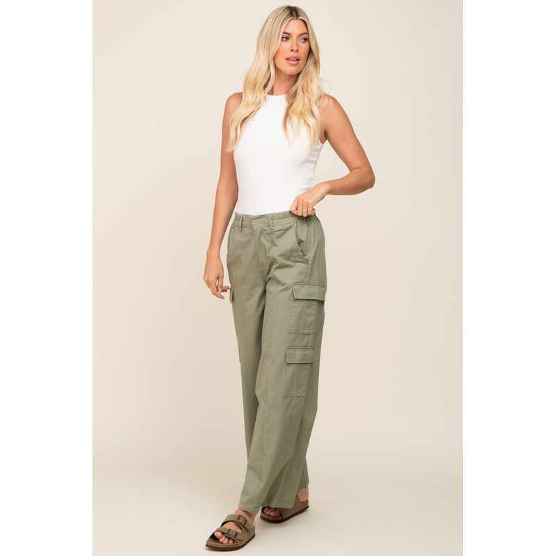 Olive Double Pocket Wide Leg Cargo Pants
