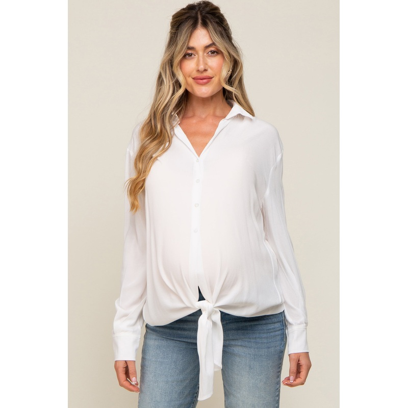 White Collared Button Down Knotted Maternity Shirt