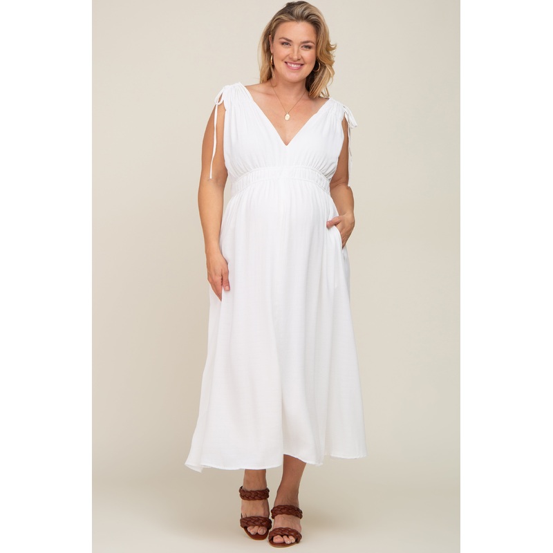 White V-Neck Drawstring Shoulder Maternity Plus Midi Dress