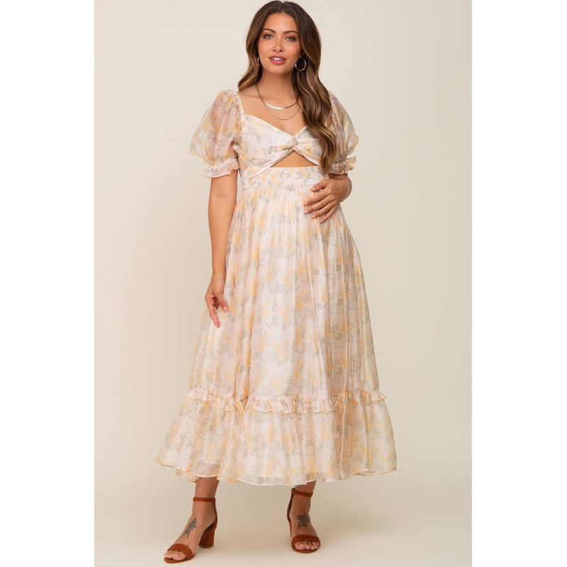 Yellow Floral Shimmer Sweetheart Neck Front Cutout Maternity Midi Dress