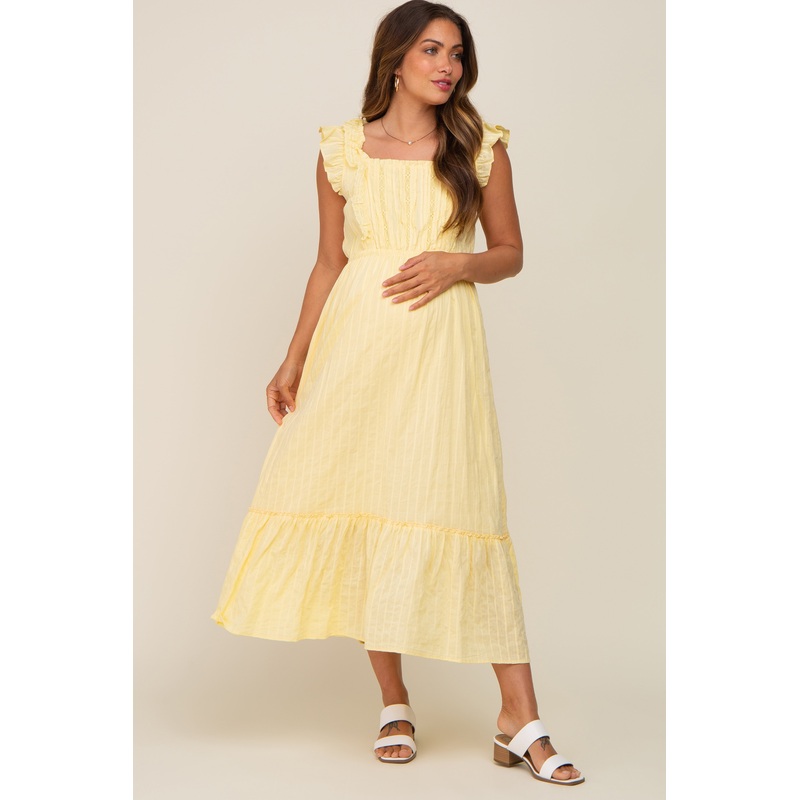 Yellow Lace Pleated Maternity Midi Dress