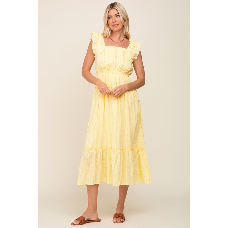 Yellow Lace Pleated Midi Dress