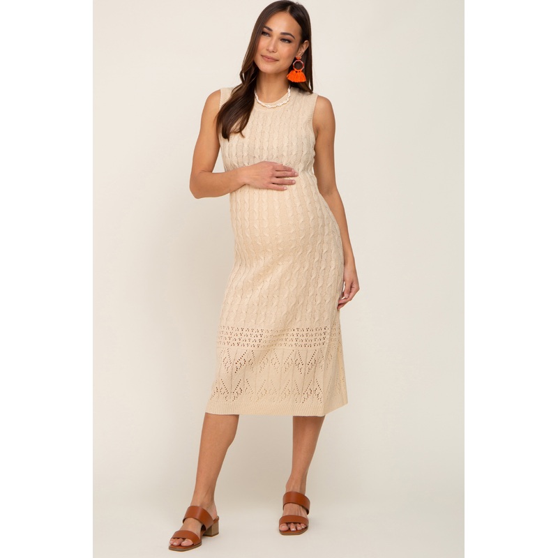 Beige Cable Knit Sleeveless Maternity Midi Dress