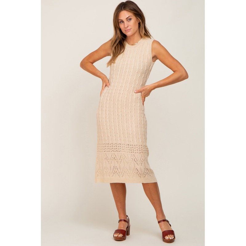 Beige Cable Knit Sleeveless Midi Dress