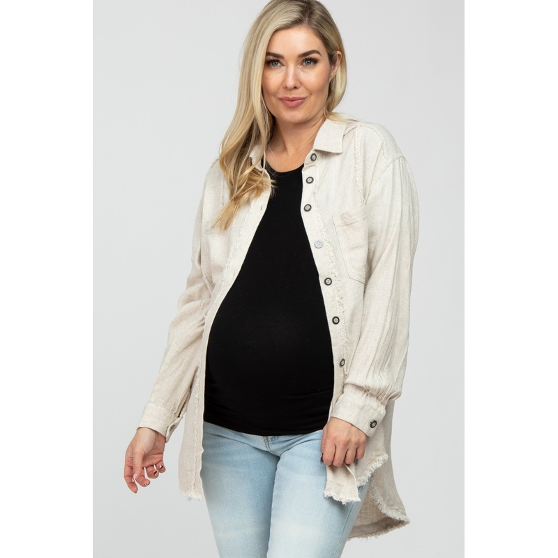Beige Linen Fringe Button Down Maternity Top