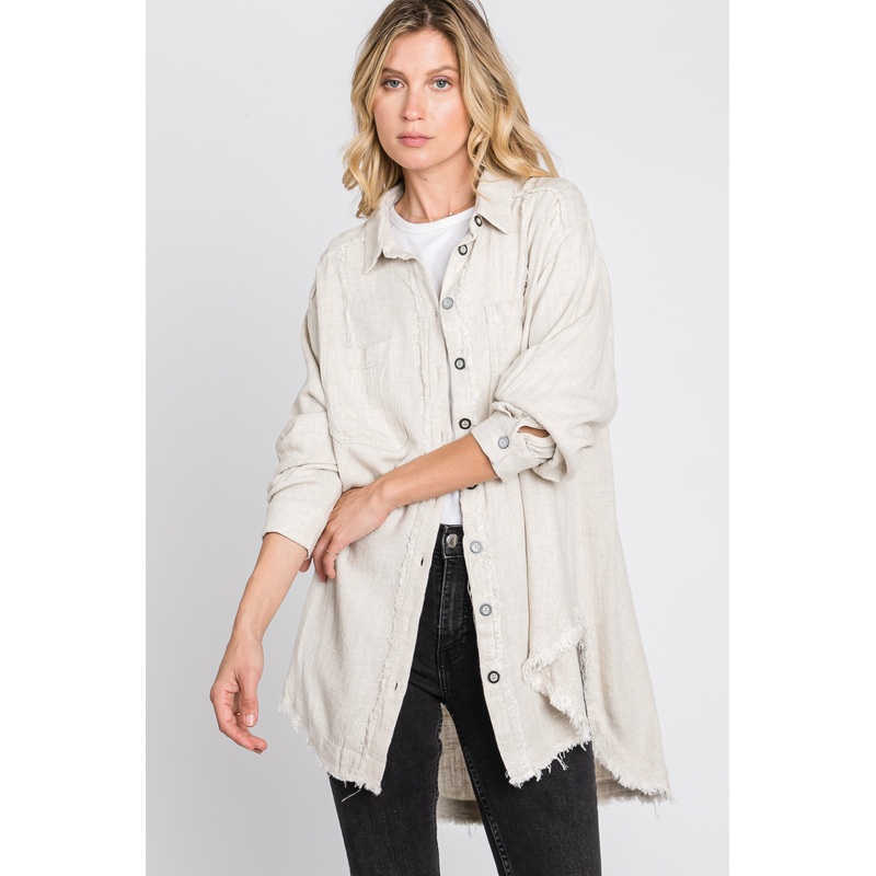 Beige Linen Fringe Button Down Top
