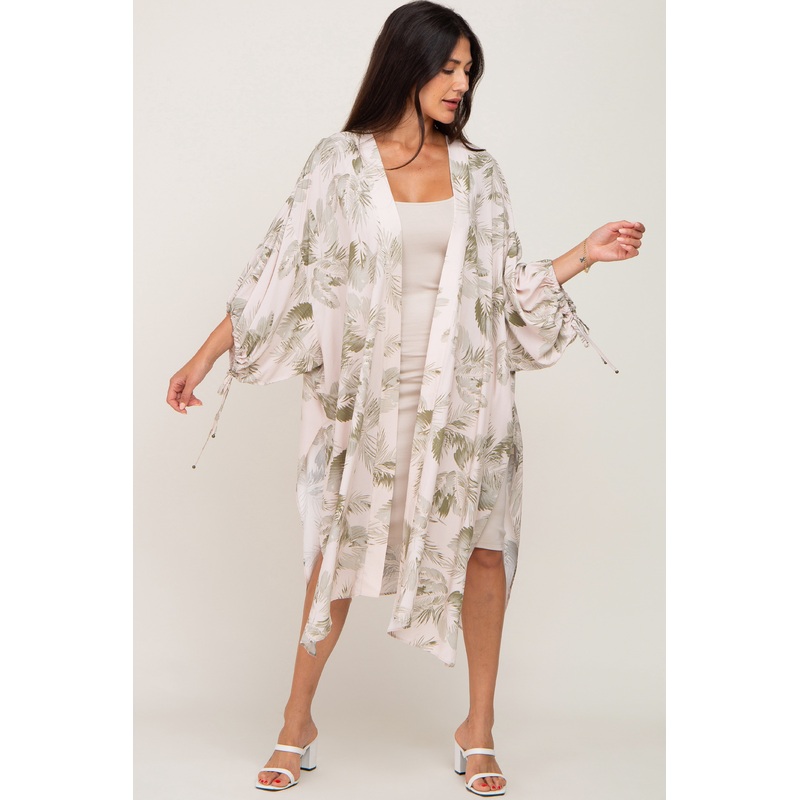 Beige Palm Print Tie Sleeve Cover Up