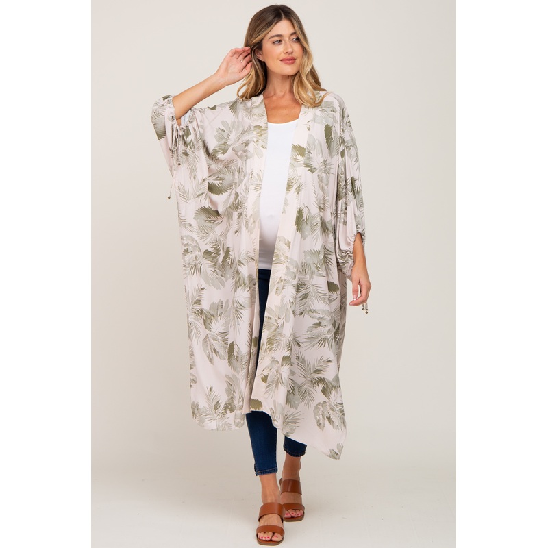 Beige Palm Print Tie Sleeve Maternity Cover Up