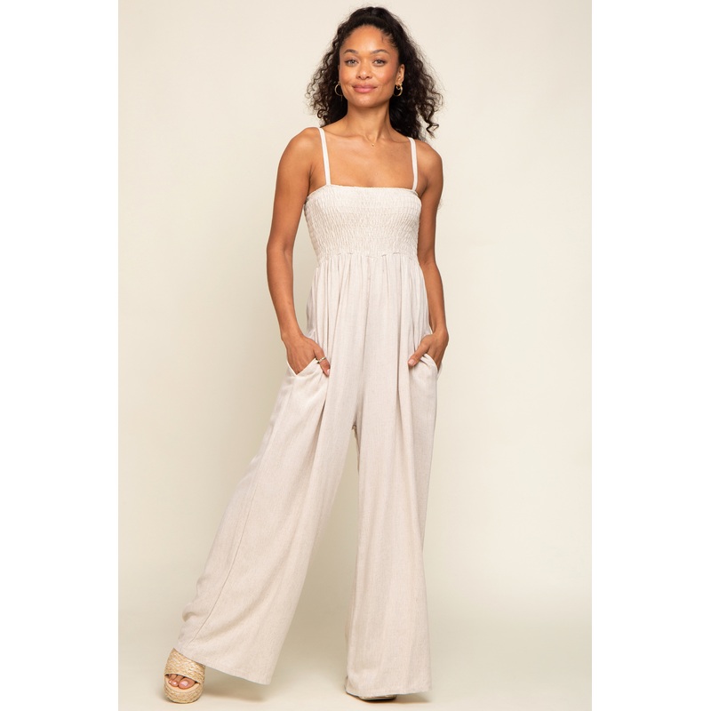 Beige Smocked Linen Wide Leg Jumpsuit