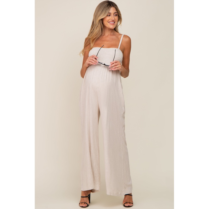 Beige Smocked Linen Wide Leg Maternity Jumpsuit